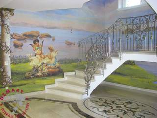 Decorazione ampio vano scala a tre livelli con affresco digitale, per villa privato (Lugano), Demart Interior Decoration Demart Interior Decoration Classic style corridor, hallway and stairs