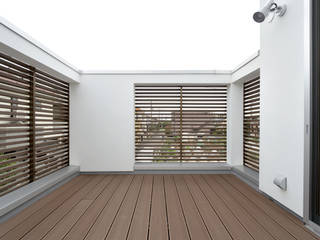 菜園の風景を取り込む家・T-HOUSE nerima, 大坪和朗建築設計事務所 Kazuro Otsubo Architects 大坪和朗建築設計事務所 Kazuro Otsubo Architects Modern balcony, veranda & terrace Wood effect