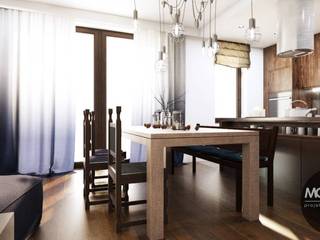 Stylizowane wnętrze z przewagą brązu i odcieni niebieskiego, MONOstudio MONOstudio Kitchen