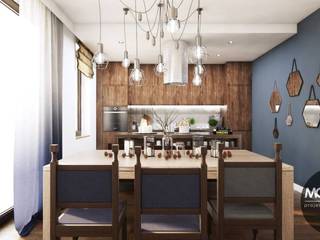 Stylizowane wnętrze z przewagą brązu i odcieni niebieskiego, MONOstudio MONOstudio ห้องครัว