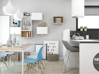 Jasne mieszkanie w bieli i szarości wzbogacone pastelowymi barwami, MONOstudio MONOstudio Kitchen