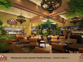 RESTAURANT CASA GRANDE, Tipo Mexicano, Pueblo Serena, por ALBUERNE ARQUITECTOS, en Monterrey NL Mexico, ALBUERNE ARQUITECTOS ALBUERNE ARQUITECTOS 商業空間 レンガ