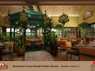 RESTAURANT CASA GRANDE, Tipo Mexicano, Pueblo Serena, por ALBUERNE ARQUITECTOS, en Monterrey NL Mexico, ALBUERNE ARQUITECTOS ALBUERNE ARQUITECTOS 商業空間 レンガ