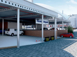 EXTERIOR DESIGN FOR KARAKOY MARKETPLACE, ROAS ARCHITECTURE 3D DESIGN AGENCY ROAS ARCHITECTURE 3D DESIGN AGENCY Mediterranean style garage/shed