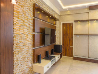 3 BHK apartment interiors in rustic look theme , In Built Concepts is now FABDIZ In Built Concepts is now FABDIZ Ruang Keluarga Klasik Kayu Lapis