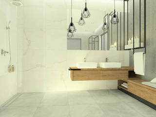 Łazienka z dodatkami drewna i stalowymi konstrukcjami., Esteti Design Esteti Design حمام الخرسانة