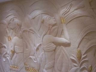 3 D Gold Leafed Mural Mint White Sandstone - Apsaras reaping Gold Corn, HOUZDECOR HOUZDECOR Classic style living room Sandstone