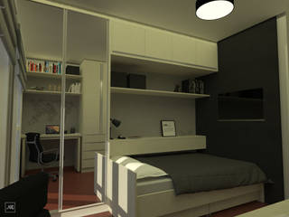 Dormitório Masculino + Office, PONTO ARQ. ARQUITETURA E URBANISMO PONTO ARQ. ARQUITETURA E URBANISMO Modern style bedroom Engineered Wood Transparent