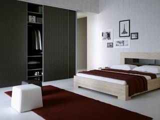 Sypialnia z łóżkiem, szafkami nocnymi oraz szafą z drzwiami przesuwnymi, Komandor - Wnętrza z charakterem Komandor - Wnętrza z charakterem Moderne slaapkamers Spaanplaat