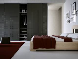 Sypialnia z łóżkiem, szafkami nocnymi oraz szafą z drzwiami przesuwnymi, Komandor - Wnętrza z charakterem Komandor - Wnętrza z charakterem Dormitorios de estilo moderno Vidrio