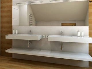 Aranżacja z dwoma umywalkami, odpływy liniowe oraz praktyczne blaty., Luxum Luxum Nowoczesna łazienka