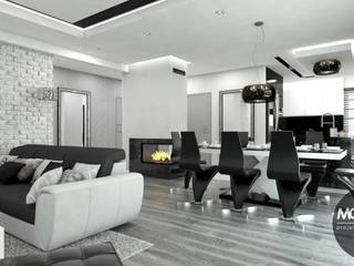 Nowoczesne mieszkanie z przewagą kolorów bieli, szarości i czerni, MONOstudio MONOstudio Minimalist living room