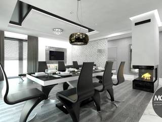 Nowoczesne mieszkanie z przewagą kolorów bieli, szarości i czerni, MONOstudio MONOstudio Minimalist dining room