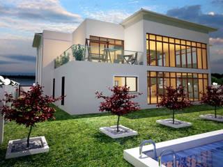 Trishur villa, Gurooji Designs Gurooji Designs Modern houses Plant,Cloud,Sky,Nature,Botany,Interior design,Lighting,Building,Architecture,Vegetation