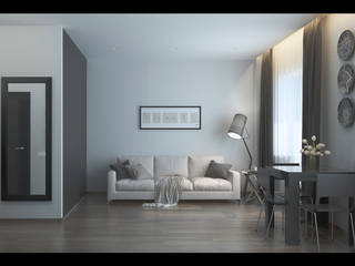 Сдержанный интерьер однокомнатной квартиры в современном стиле, LANDIK INTERIOR DESIGN LANDIK INTERIOR DESIGN Гостиная в стиле модерн