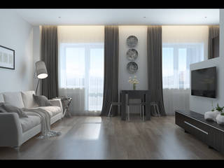 Сдержанный интерьер однокомнатной квартиры в современном стиле, LANDIK INTERIOR DESIGN LANDIK INTERIOR DESIGN Гостиная в стиле модерн