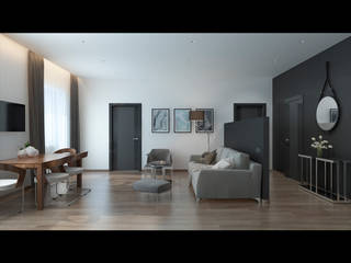 Минималистичный интерьер квартиры в темных тонах, вариант 1, LANDIK INTERIOR DESIGN LANDIK INTERIOR DESIGN Гостиная в стиле модерн