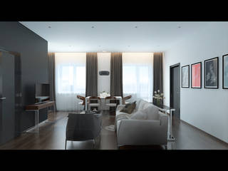 Минималистичный интерьер квартиры в темных тонах,вариант 2, LANDIK INTERIOR DESIGN LANDIK INTERIOR DESIGN Гостиная в стиле модерн