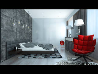 Агрессивный дизайн квартиры для уверенного в себе мужчины, LANDIK INTERIOR DESIGN LANDIK INTERIOR DESIGN Спальня в стиле модерн