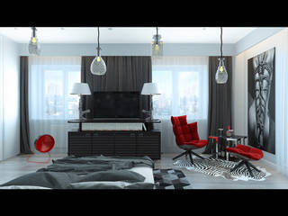 Агрессивный дизайн квартиры для уверенного в себе мужчины, LANDIK INTERIOR DESIGN LANDIK INTERIOR DESIGN Спальня в стиле модерн