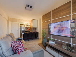 Projeto apartamento de 59m2 com sala e cozinha integrado , 360+ arquitetura e interiores 360+ arquitetura e interiores ห้องนั่งเล่น