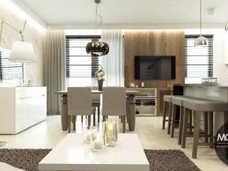 Projekt salonu z kuchnią w jasnych, ciepłych barwach, MONOstudio MONOstudio ห้องครัว