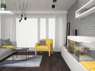 Projekt salonu w Krakowie, OES architekci OES architekci Ruang Keluarga Gaya Skandinavia Batu Yellow