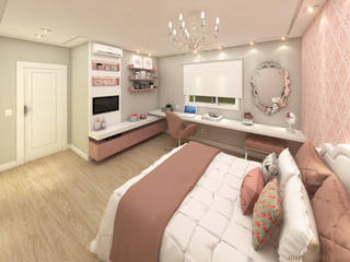 Projeto - Dormitório de Princesa Adolescente em tons de Rosa, iost Arquitetura e Interiores iost Arquitetura e Interiores غرف نوم صغيرة MDF Pink