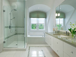 Modern Retreat Bathroom Douglas Design Studio Modern bathroom Glass bathroom,vanity,white,tile,glass,bathtub,shower