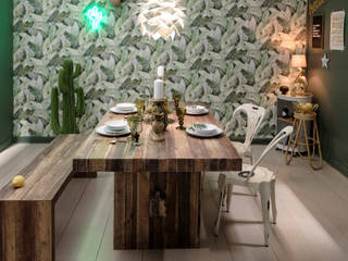 Rustic Tropical Dining Room Little Mill House Столовая комната в рустикальном стиле Зеленый reclaimed,dining table,bench,dining chairs,metal,wood,recycled furniture,wallpaper,sustainable,flooring,pendant light,light