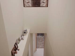 久具歷史的窗花特地被要求一定要保留下來，當房間內拉門拉起也把戶外的光線引進梯間 homify Asian corridor, hallway & stairs Solid Wood Multicolored