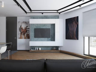 Черно-белый дизайн интерьера однокомнатной квартиры с террасой, Студия Инстильер | Studio Instilier Студия Инстильер | Studio Instilier Living room