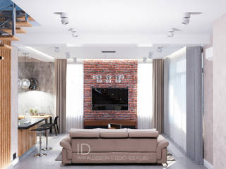 Гостиная в двухэтажном доме в стиле лофт, Студия дизайна ROMANIUK DESIGN Студия дизайна ROMANIUK DESIGN Living room