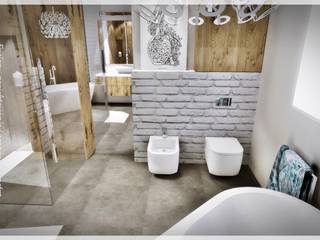 Skandynawska łazienka , Fusion- projektowanie i aranżacja wnetrz Fusion- projektowanie i aranżacja wnetrz 北欧スタイルの お風呂・バスルーム