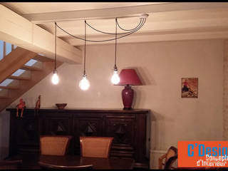 luminaire sur-mesure ampoules filaments, câble tissus tressé en fil de soie, osier, métal, bois..., C'Design C'Design Dining roomLighting