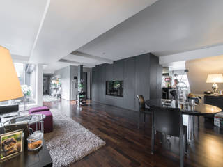 Penthauswohnung Ohlde Interior Design Klassische Wohnzimmer Beton Grau Holzboden,Einbauschrank,tv,Dachgeschoß