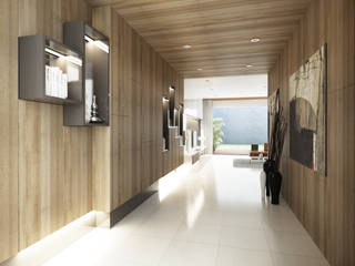 Setra Duta II House, INK DESIGN STUDIO INK DESIGN STUDIO Modern Corridor, Hallway and Staircase Engineered Wood Brown