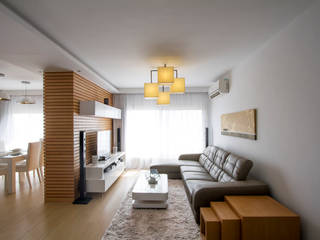 Living Area CUBEArchitects Living room Wood White white house,wood flooring,wood beams,minimal