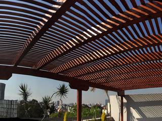 Pérgola y marimbado de madera. Tlalpan, Materia Viva S.A. de C.V. Materia Viva S.A. de C.V. Rustic style balcony, veranda & terrace