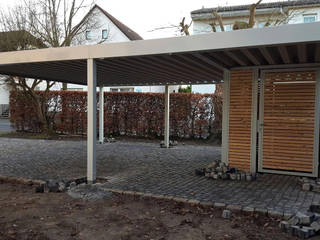 Doppelcarport mit Geräteraum, Carport-Schmiede GmbH & Co. KG - Hersteller für Metallcarports und Stahlcarports nach Maß Carport-Schmiede GmbH & Co. KG - Hersteller für Metallcarports und Stahlcarports nach Maß โรงจอดรถ เหล็ก