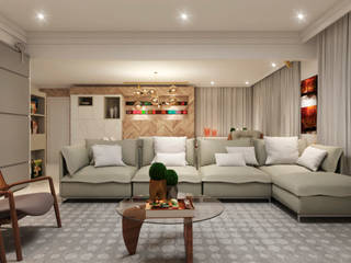 Apto Poesia - Curitiba/ Batel, Flávia Kloss Arquitetura de Interiores Flávia Kloss Arquitetura de Interiores Moderne Wohnzimmer Holz Bernstein/Gold