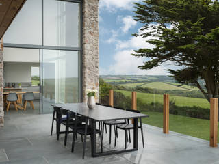 Contemporary Replacement Dwelling, Cubert, Laurence Associates Laurence Associates Moderne Häuser Granit outdoor dining,dining table,dining chairs,terrace,patio,balustrade,modern,garden,glazing