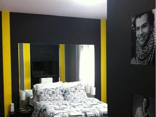 Quarto Amarelo, preto e cinza (reforma baixo custo), STUDIO ROCHA DESIGN DE INTERIORES STUDIO ROCHA DESIGN DE INTERIORES Спальня в стиле модерн