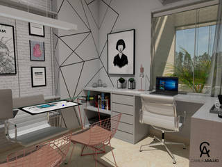 Home Office , Camila Araújo Arquitetura + Interiores Camila Araújo Arquitetura + Interiores ミニマルデザインの 書斎 MDF