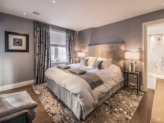 Master en-suite RBD Architecture & Interiors Classic style bedroom master en suite,dressing room,wood flooring,velvet curtains,headboard,bedside table,bedside lamp,rug