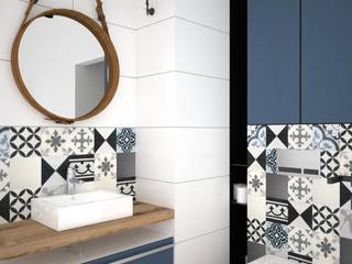 Granatowa łazienka, OES architekci OES architekci Casas de banho modernas Cerâmica Azul