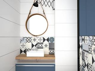Granatowa łazienka, OES architekci OES architekci 現代浴室設計點子、靈感&圖片 實木 Multicolored