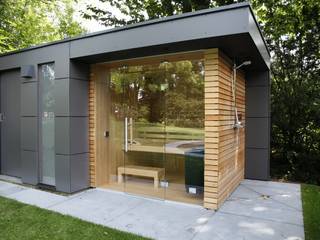 Stylishe Gartensauna mit Außendusche und Panoramablick, Gartenhauptdarsteller Gartenhauptdarsteller Garden Shed