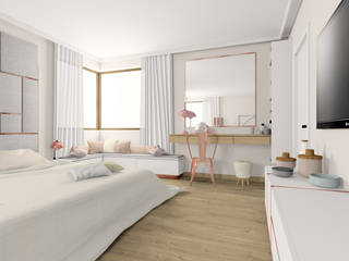 Pudrowy róż i miedź w sypialni, Esteti Design Esteti Design Dormitorios escandinavos Cobre/Bronce/Latón
