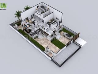 3D Floor Plan of 3 Story House with Cut-Section View by Yantram architectural 3d rendering Manchester, UK, Yantram Animation Studio Corporation: modern by Yantram Animation Studio Corporation, Modern